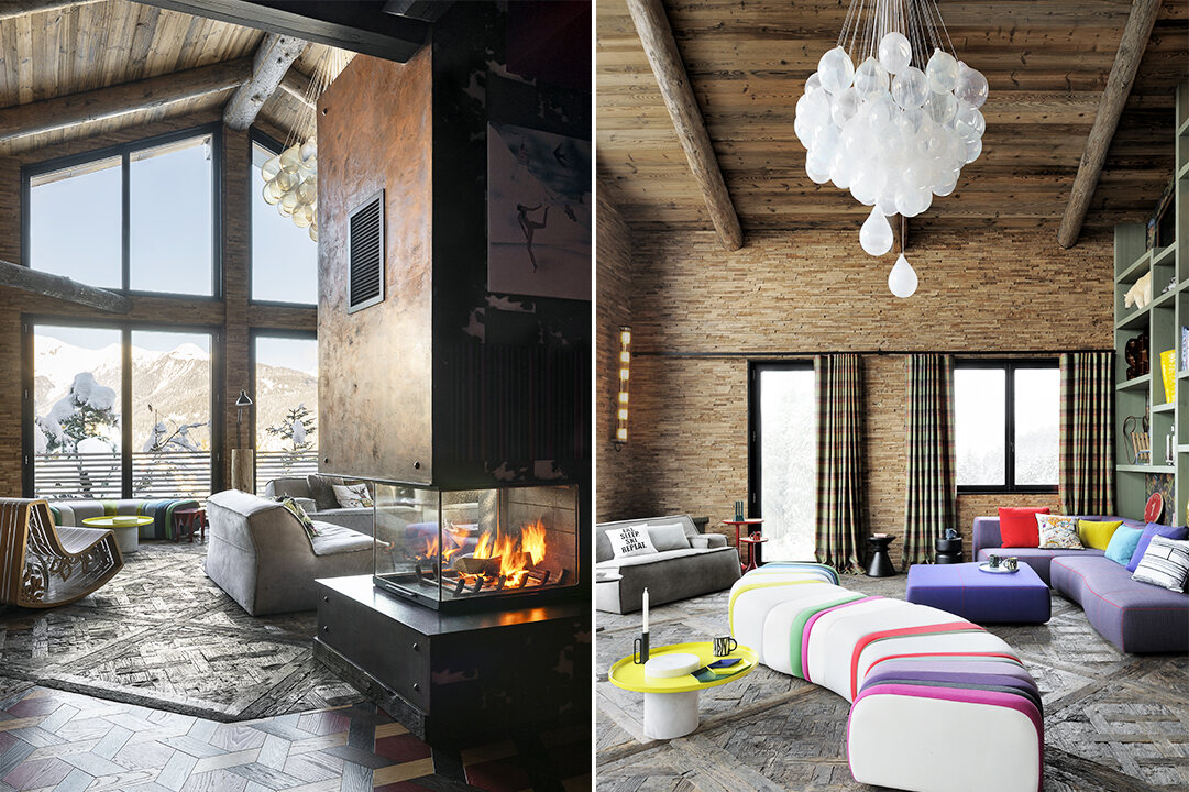 The living room and its fireplace